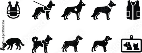 Doberman Pinscher dog breed set running, sitting, and standing poses flat design vector illustration