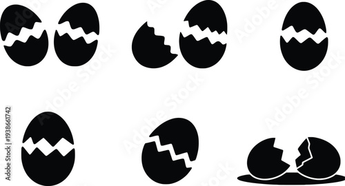 Cracked eggshell with yolk spilling out vector illustration set, minimalist flat design icon pack