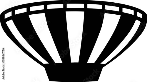 A black and white stylized illustration, resembling a rounded container with vertical stripes