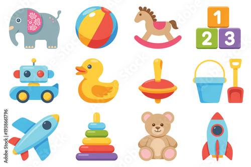 A colorful illustration of various children's toys on transparent background