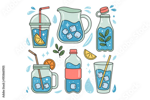 A colorful vector illustration of various refreshing drinks on transparent background