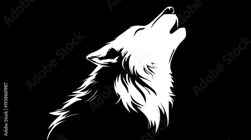 A stark white, howling wolf silhouette against a deep black background, dramatic and powerful
