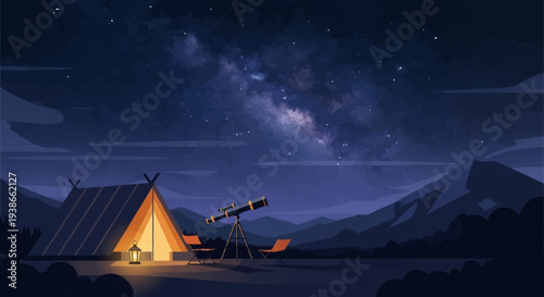 Starry Night Camping Scene Under Milky Way with Tent and Telescope in Calm Mountain Wilderness.