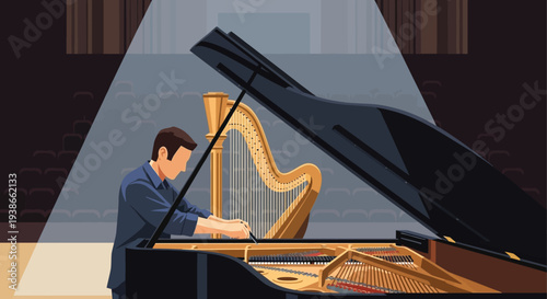 Elegant Grand Piano Performance by a Focused Classical Pianist on Stage.