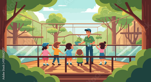 Children and adults enjoying a sunny day at a park playground with a wooden bridge.