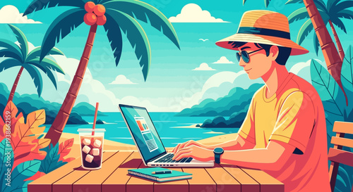 Sunlit beachside scene of a person with a laptop at a tropical seaside cafe under palm trees and blue sky.