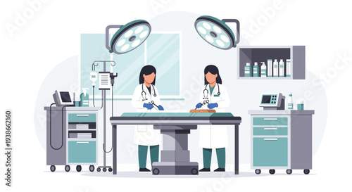 Illustration of scientists conducting experiments in a modern laboratory environment with equipment and teamwork.