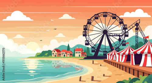 Sunset Beach Carnival with Ferris Wheel on a Warm Coastal Boardwalk at Dusk.