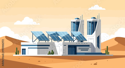 Desert Solar Powered Futuristic Campus Building with Modern Architecture and Sustainable Design.