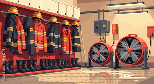 Cozy Fire Station Locker Room with Uniforms and Industrial Fans.