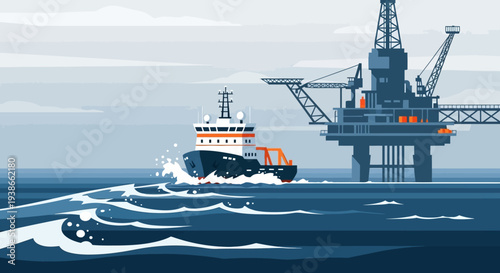 Industrial Offshore Rig and Vessel in Deep Blue Ocean Scene.