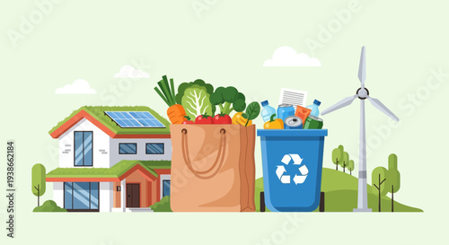 Sustainable living scene with home, groceries, recycling, and wind turbine in a green landscape.