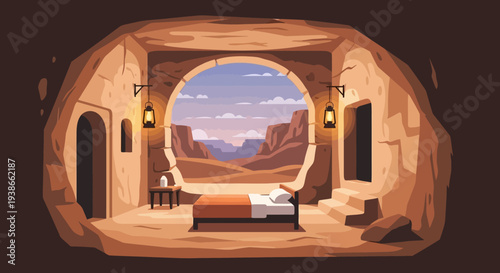 Cozy cave bedroom with archways and a desert sunset view over distant mountains.