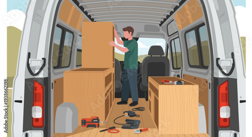 Two People Collaborating to Load Boxes into a Van, Moving Day Scene.