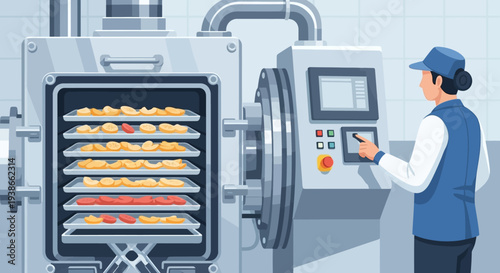 Industrial bakery oven with racks of bread being processed by a technician.