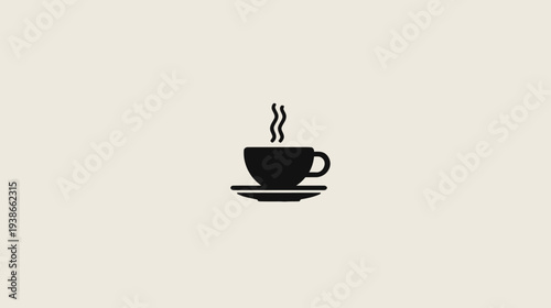 A simple, minimalist black icon of a steaming coffee cup atop a saucer