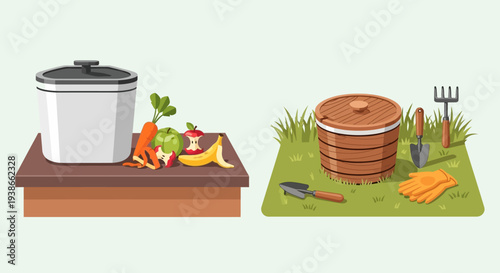 Outdoor cooking setup featuring sizzling grilled vegetables and meat alongside stacked pancakes and fresh herbs.