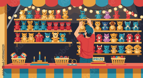 Colorful toy shop display with dolls and miniature figurines on bright shelves and market stalls.