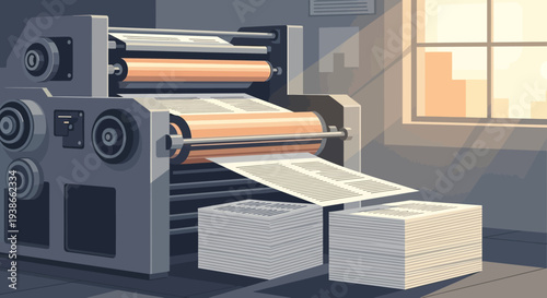 Industrial printing press operating with stacks of paper and rollers in a factory setting.