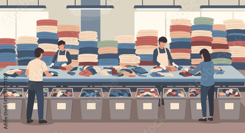 Busy market fish counter with customers selecting seafood and groceries in a colorful store.