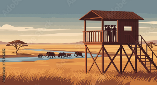 Sunset Coastal Landscape with a Wooden Lifeguard Tower, Expansive Beach, and Distant Wildlife on the Water's Edge.