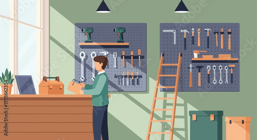 Person Browsing Tools in a Well stocked Workshop Store.