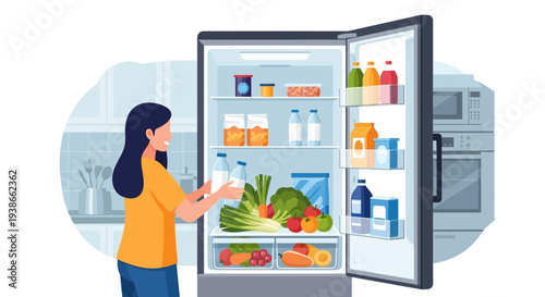 Person Organizing Fresh Groceries Inside an Open Refrigerator.