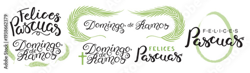 Felices Pascuas, Domingo de Ramos, Happy Easter, Palm Sunday in Spanish, leaf cross, crucifix, lettering quote isolated set. Hand drawn vector illustration. Easter celebration design element, clip art