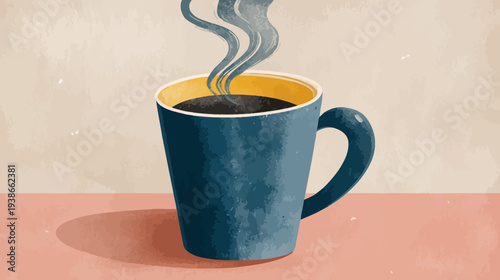 A digitally painted mug of coffee steaming upwards. Blue mug against beige background