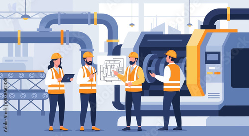 Industrial workers supervise large machinery and piping in factory environment.