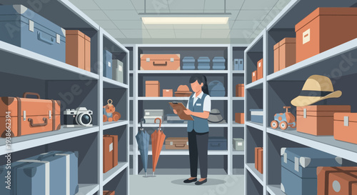 Warehouse worker organizing boxes on tall shelves in a storage facility.