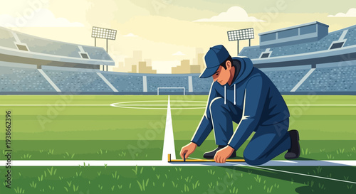 Coach Setting Up Training Cones on a Football Field in a Stadium.