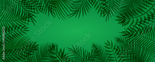 Tropical leaves, palm tree fronds decorative frame. Lush foliage, jungle, rainforest. Summer design element, holidays, vacations, resort. Border with copy space. Hand drawn flat vector illustration
