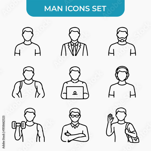Diverse Man Icons Set: A comprehensive collection of minimalistic line-art icons representing men from various professions and lifestyles. Each icon captures different activities and styles. 