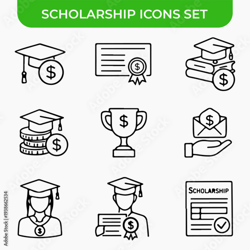 Scholarship Icons: Collection of line art icons depicting the concept of scholarship, featuring elements such as a graduation cap, diploma, trophy, and monetary symbols.