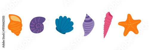 Seashell, starfish illustration isolated set. Summer holidays, vacations, tropical resort, beach, marine wildlife, aquatic animal. Flat design element, clip art collection, hand drawn vector