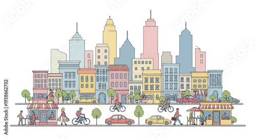 colorful cityscape with buildings and people