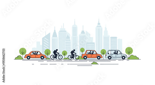 city traffic illustration with cars and bicycles