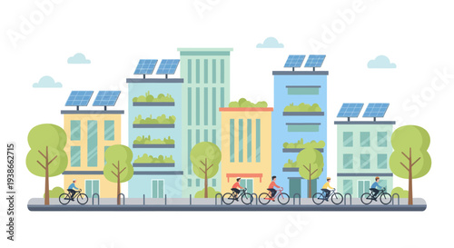 eco friendly city with solar panels and cyclists