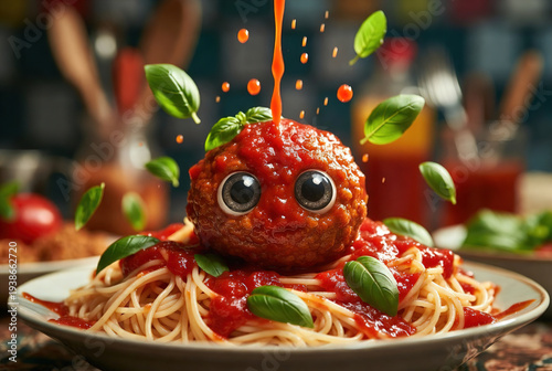 Funny pasta dish with a large meatball face and vegetable hair. Creative food art for kids' menus, restaurants, and parental blogs.