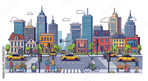 city street with people, cars and tall buildings