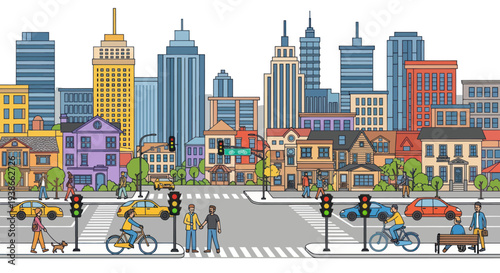 colorful city street scene with buildings and traffic