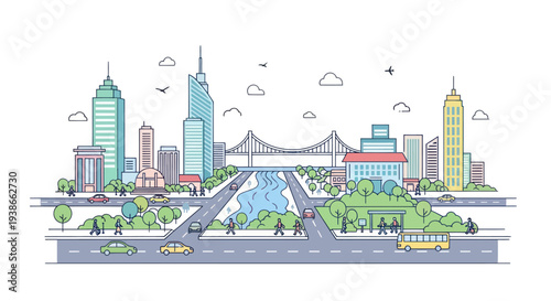 cityscape with bridge and skyscrapers