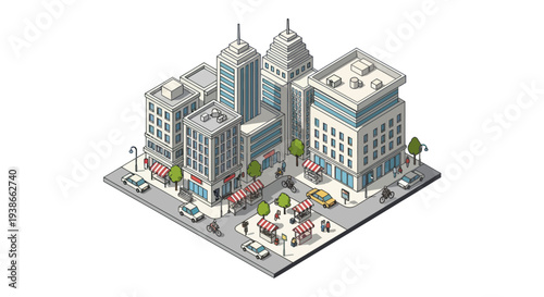 Canvastavla isometric city block with modern buildings and busy street
