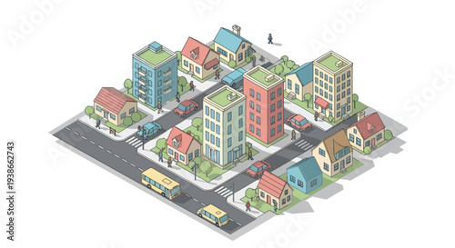  isometric city block with buildings and vehicles
