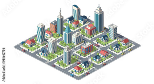 isometric cityscape with modern buildings and green spaces