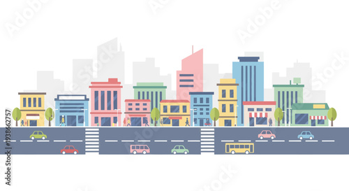 colorful cityscape with buildings and traffic