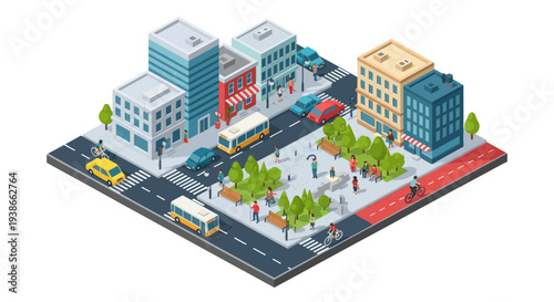 city street with buildings and vehicles