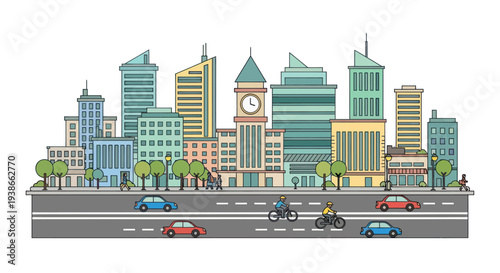 city skyline with clock tower and traffic