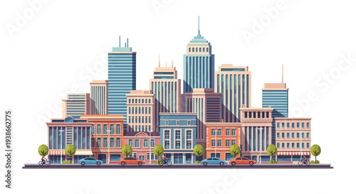 colorful city skyline with buildings and cars